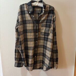 Kittenish Tan and Black Plaid Flannel Button Down